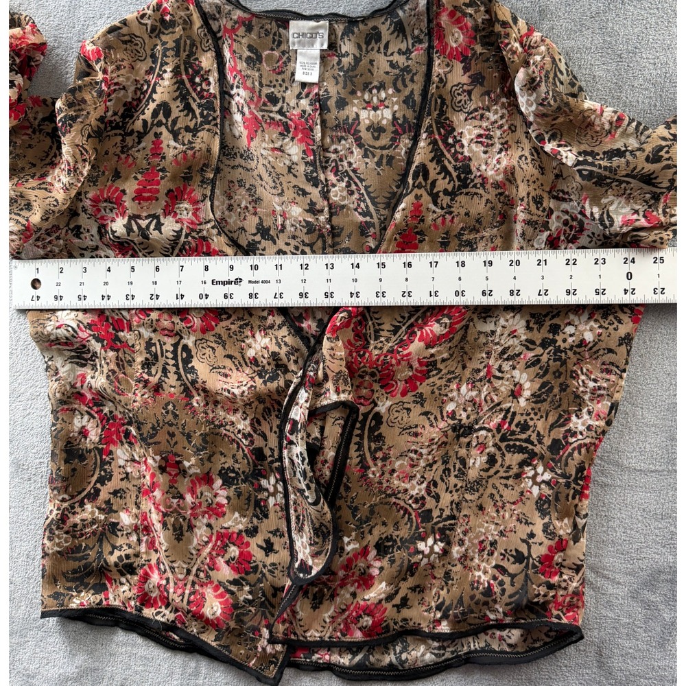 Chicos Red Black Paisley Floral Tie Front Sheer Cardigan Top Size 3 XL Office - Picture 5 of 7